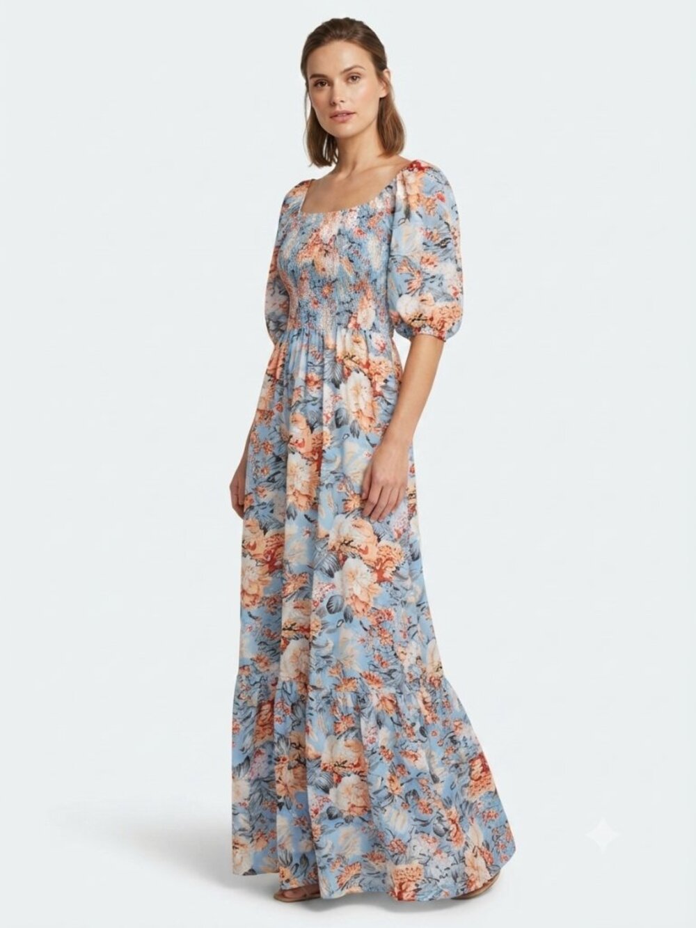 Boho Smocked Floral Summer Square Neck Maxi Dress with Puff Sleeves Size S